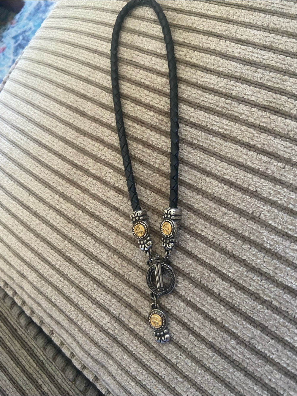 Black Braided Leather Necklace with Gold Accent Medallions